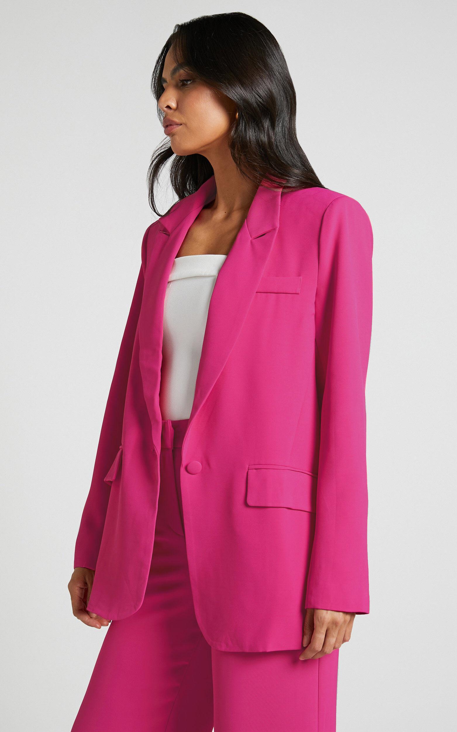 Michelle Blazer - Oversized Plunge Neck Button Up Blazer in Pink Product Image