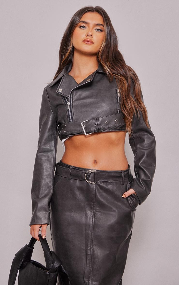 Black Distressed Faux Leather Super Cropped Belted Biker Jacket product image