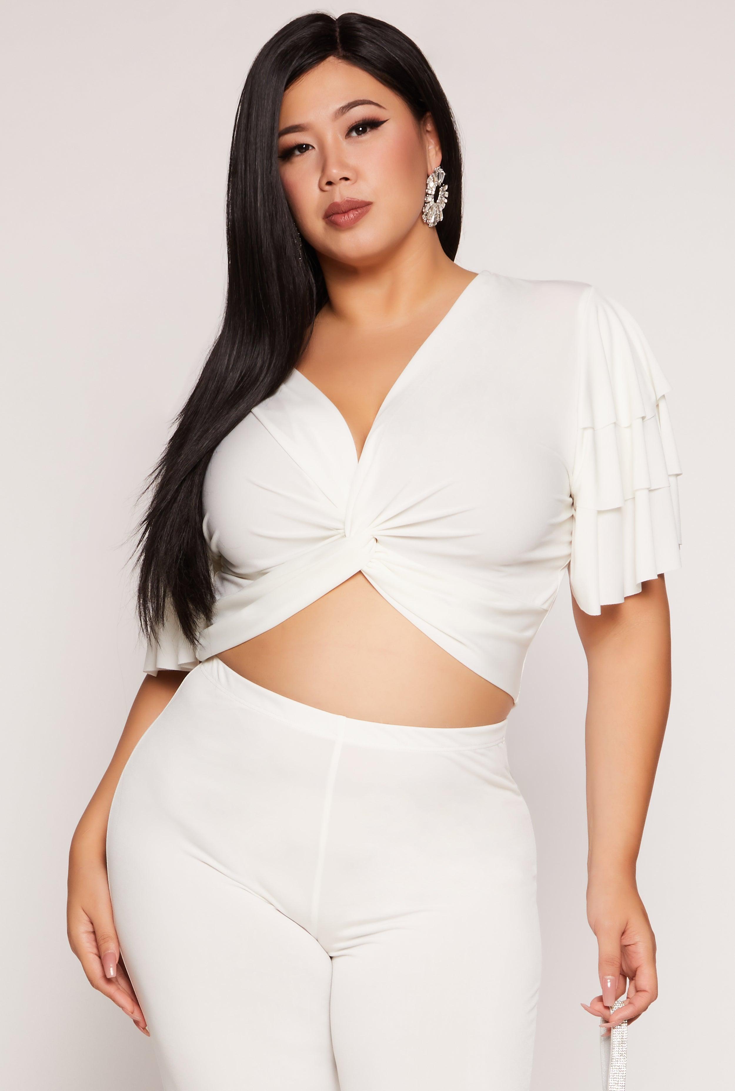 Womens Plus Size Tiered Sleeve Twist Front Crop Top Product Image