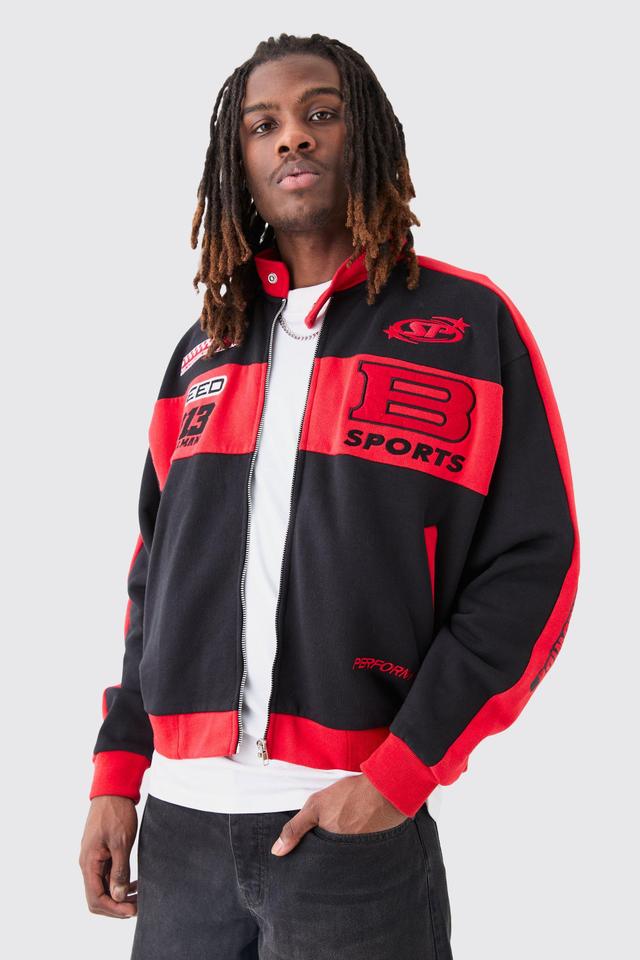 Oversized Boxy Moto Embroidered Jersey Jacket | boohooMAN USA Product Image