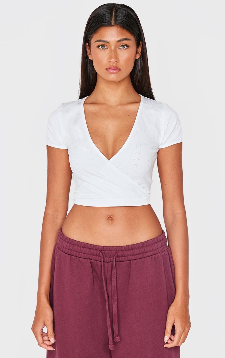 White Contour Pointelle Cross Over Detail Crop Top Product Image