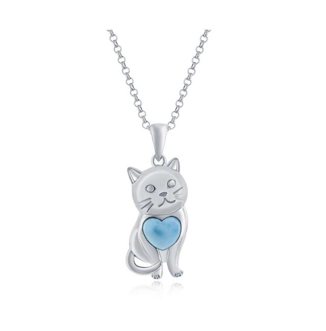 Sterling Silver Genuine Larimar Cat Pendant Necklace, Womens Product Image