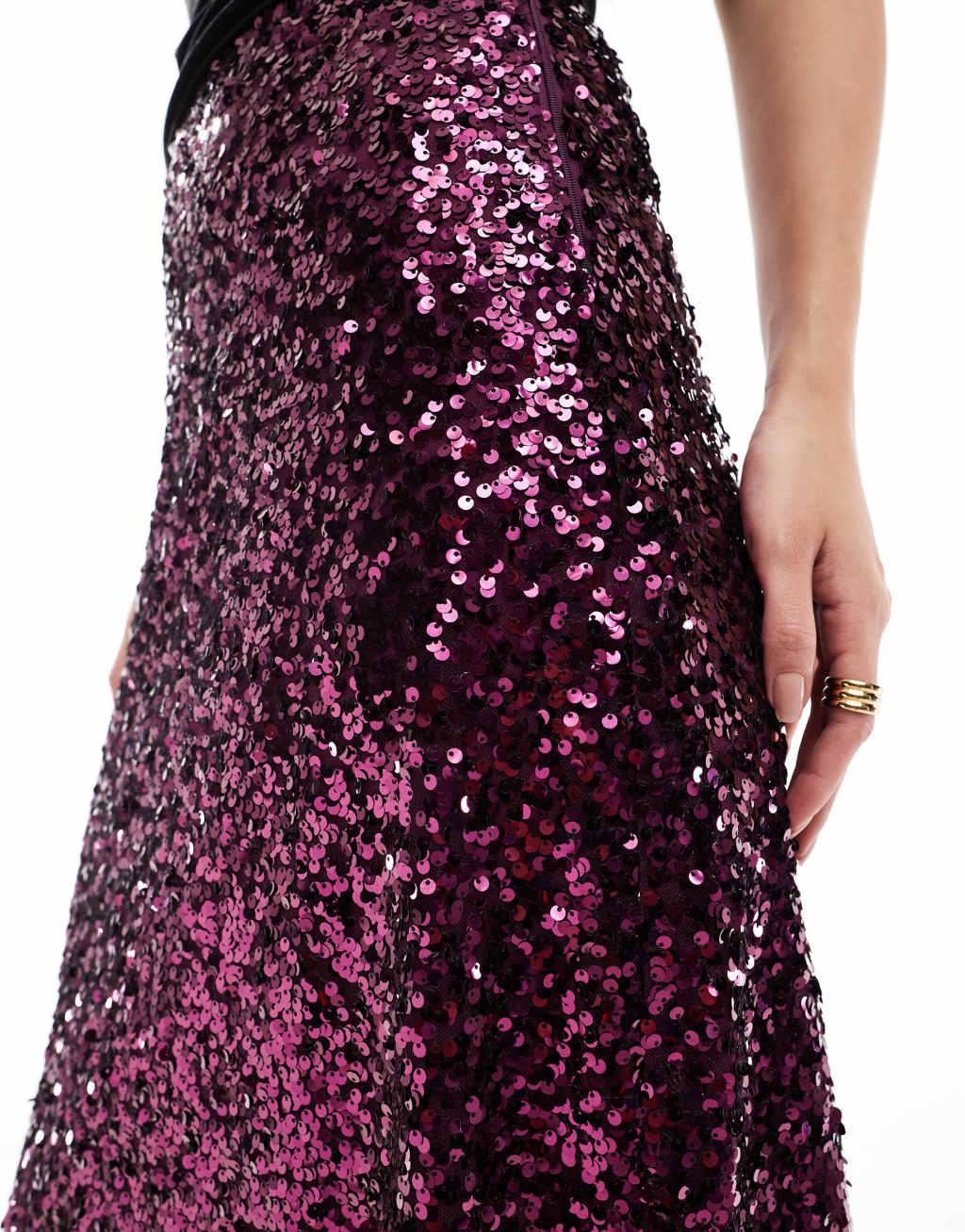 ASOS DESIGN sequin maxi skirt in burgundy Product Image