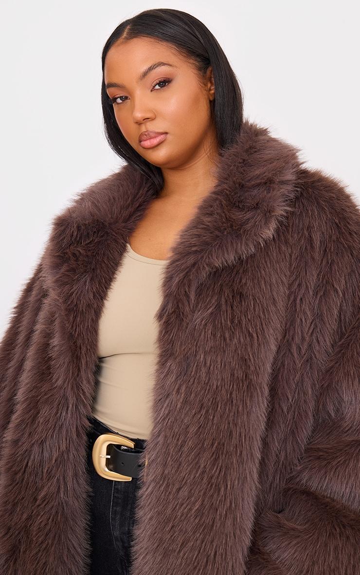 Plus Dark Brown Collar Detail Soft Faux Fur Maxi Coat Product Image