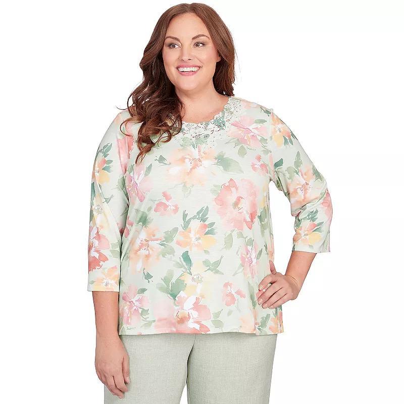 Plus Size Alfred Dunner Floral Watercolor Allover Print Lace Neck Top, Womens Green Product Image