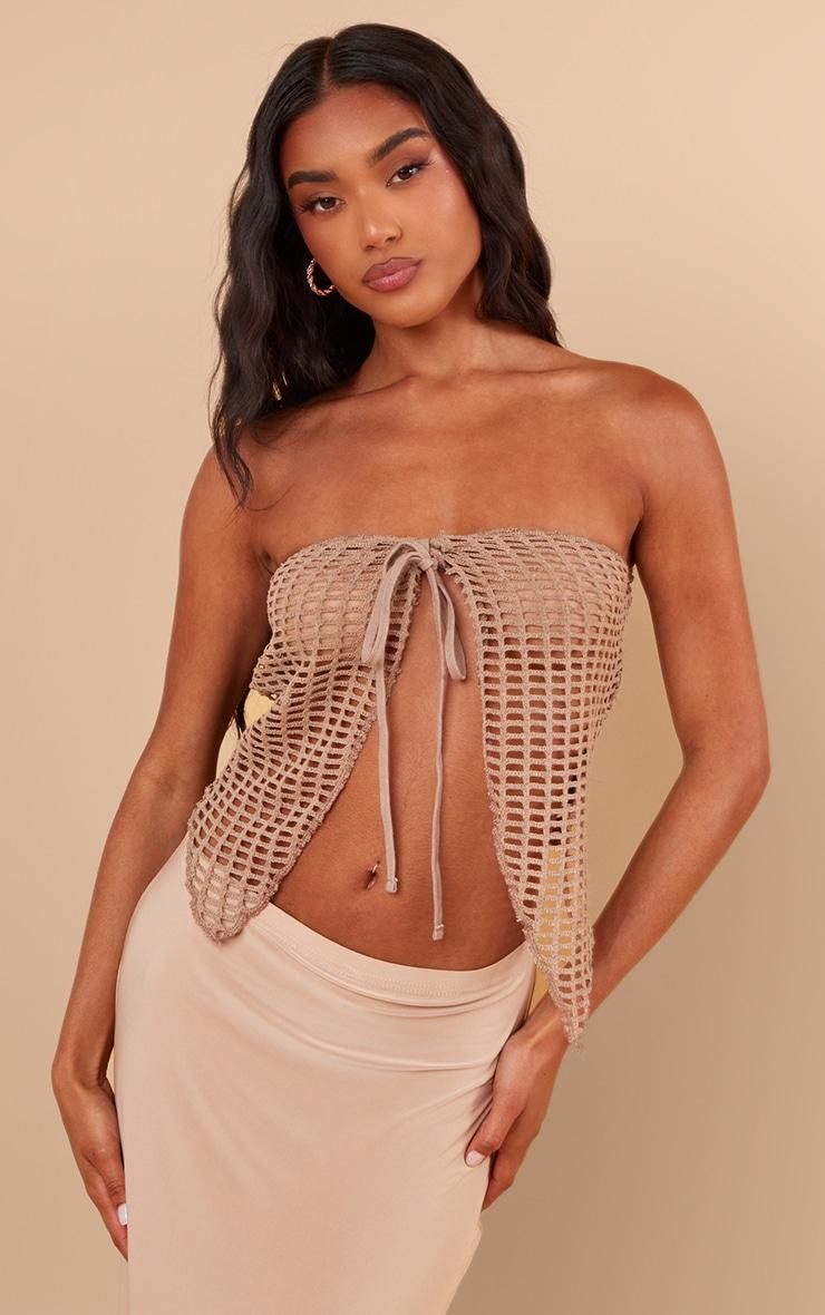 Pale Khaki Fishnet Crochet Split Front Bandeau Crop Top Product Image