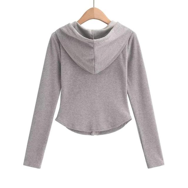 Drawstring Plain Zip Up Cropped Hoodie Product Image