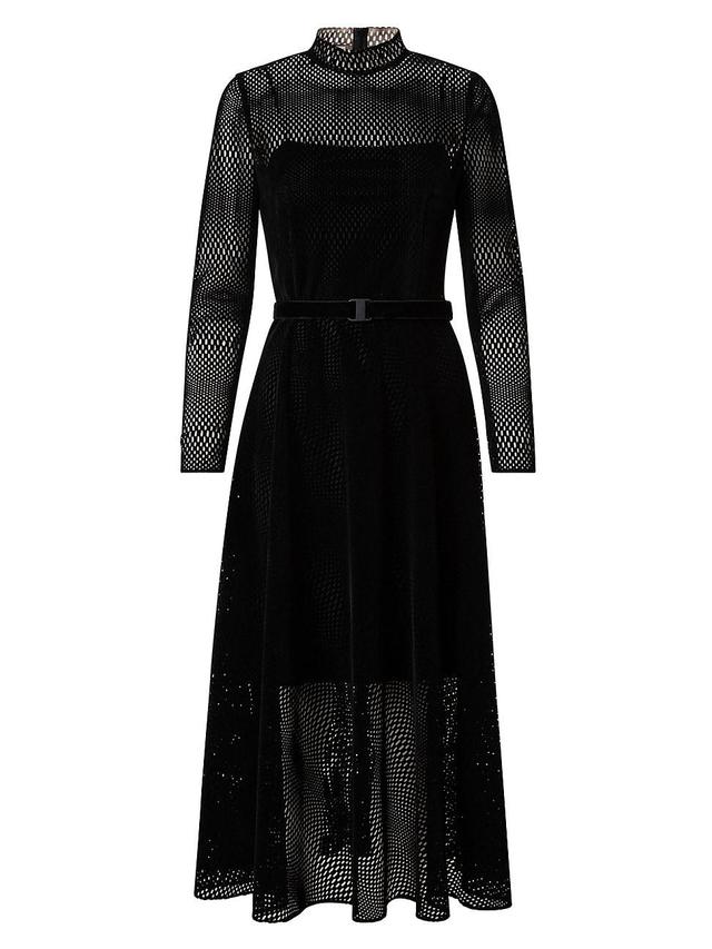 Womens Belted Laser-Cut Velvet Midi-Dress Product Image