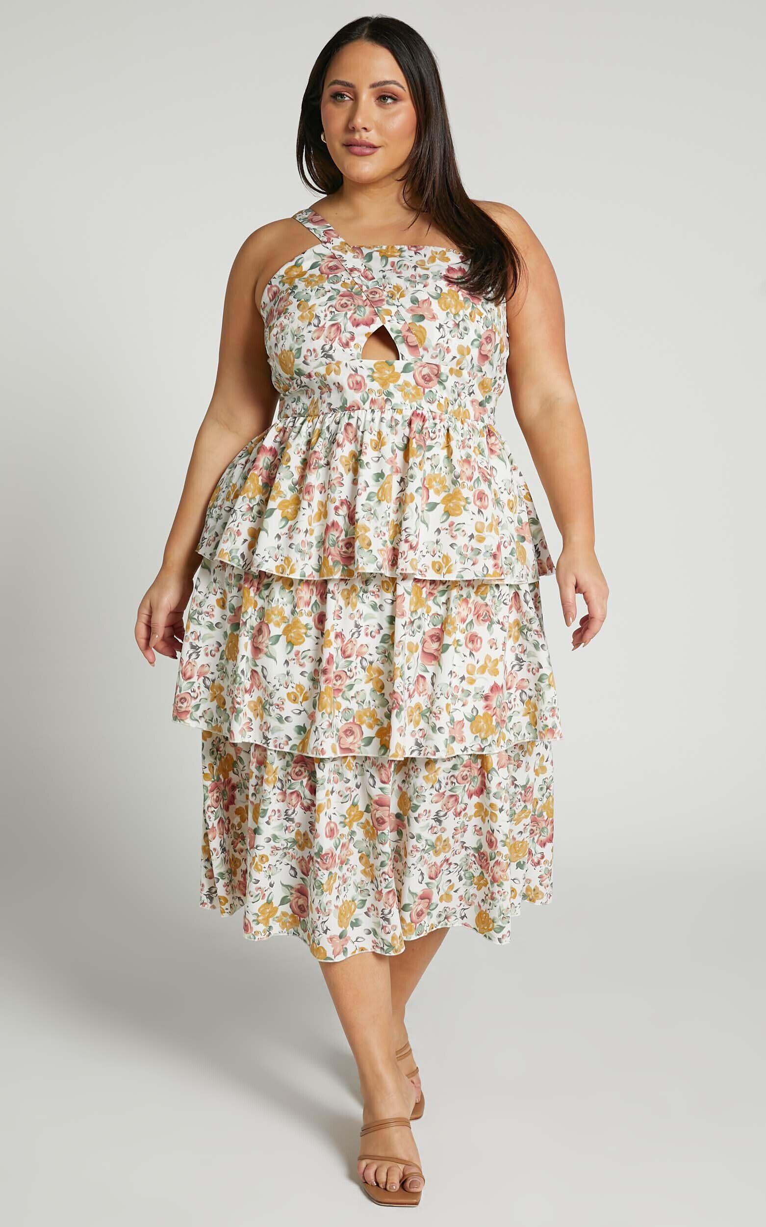 Caro Midi Dress - One Shoulder Tiered Dress in Multi Floral Product Image