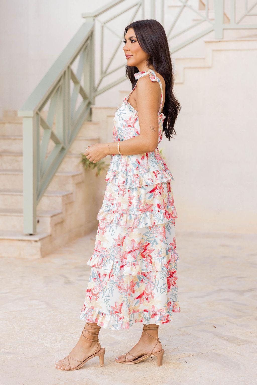 Stay In Paradise Floral Tiered Satin Midi Dress FINAL SALE Product Image