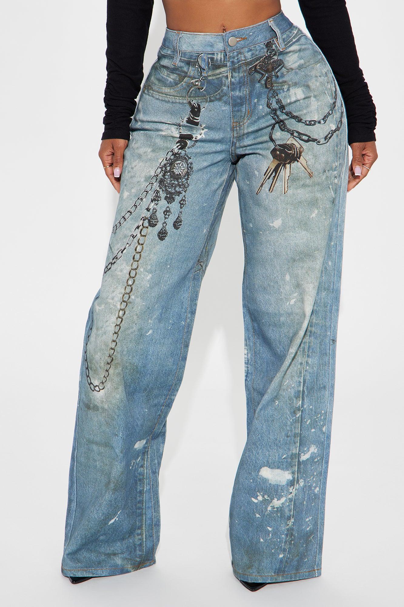 It's All An Illusion Chain Printed Denim Baggy Jeans - Medium Wash Product Image