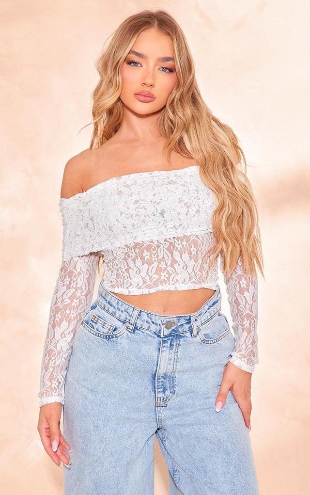 White Lace Bardot Long Sleeve Long Top Product Image