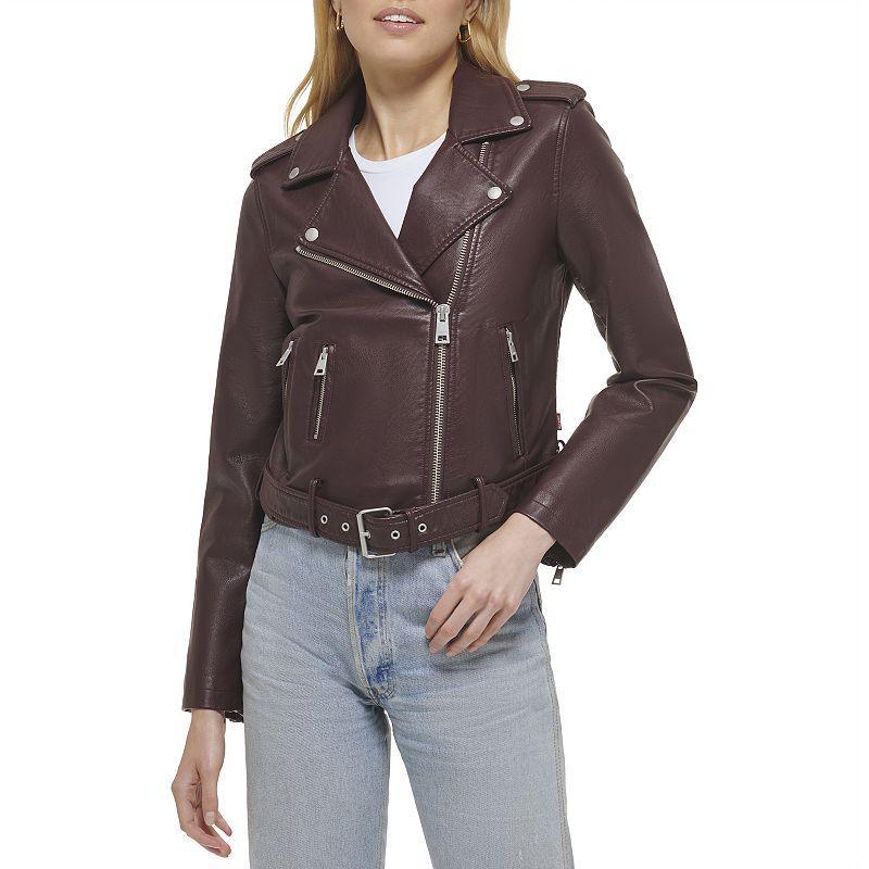 Womens Levis Belted Faux Leather Motorcycle Jacket Dark Red Product Image