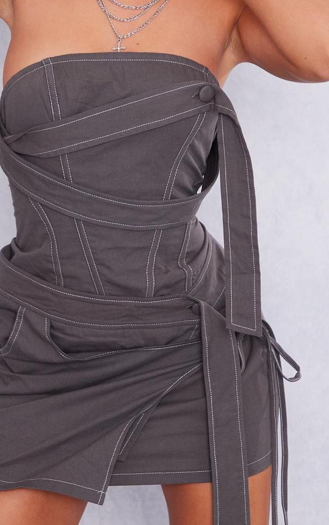 Charcoal Contrast Stitch Strap Detail Wrap Skirt Bandeau Bodycon Dress Product Image