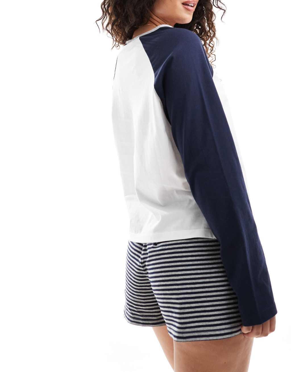 ASOS DESIGN Mix & Match preppy long sleeve pajama top in white & blue Product Image