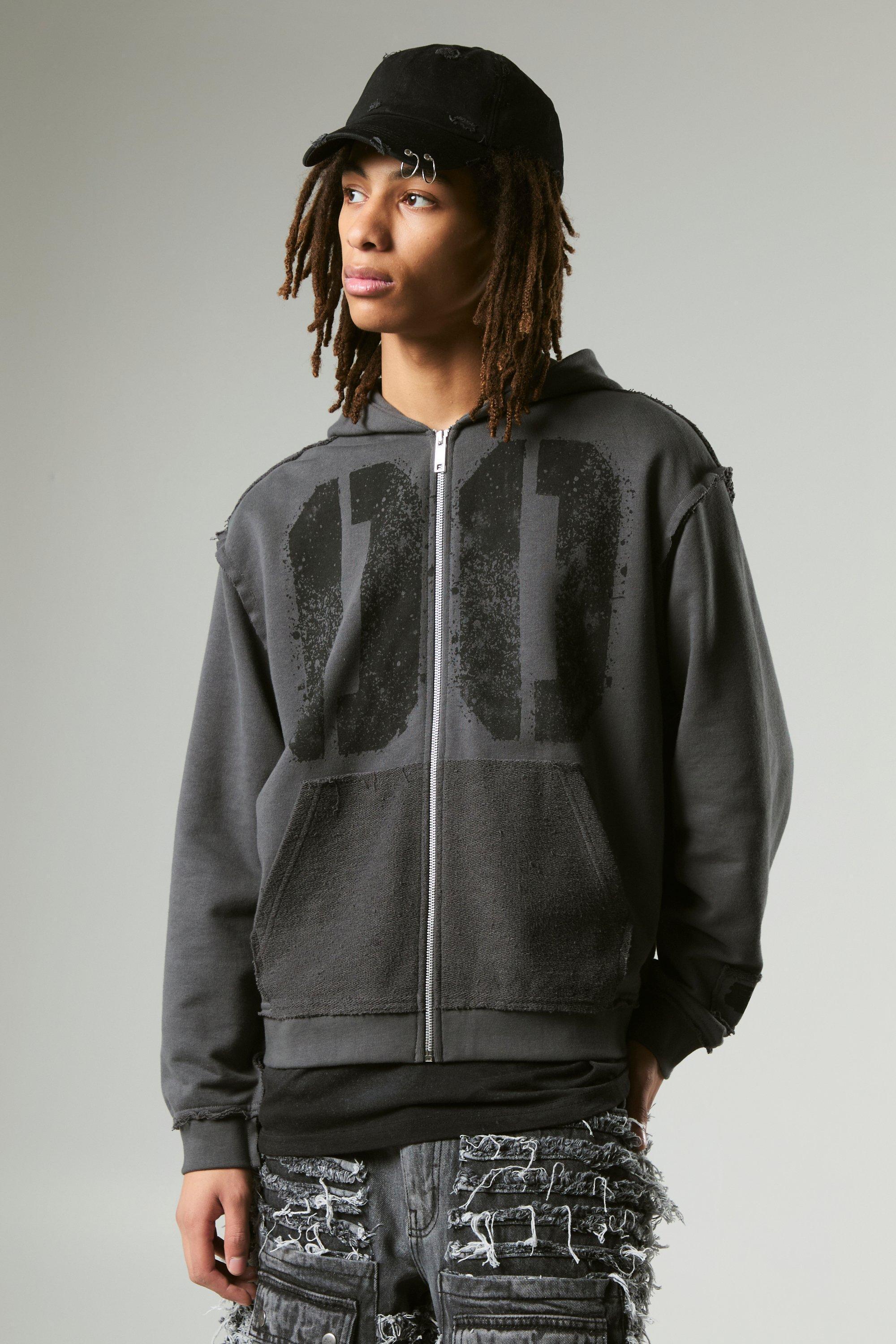 Mens Grey Oversized Boxy Varsity Raw Edge Zip Through Loopback Hoodie, Grey Product Image