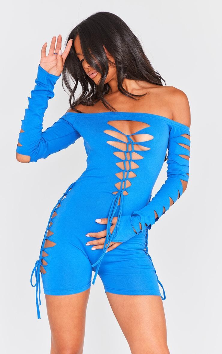 Blue Cut Out Bandeau Sleeve Unitard Product Image