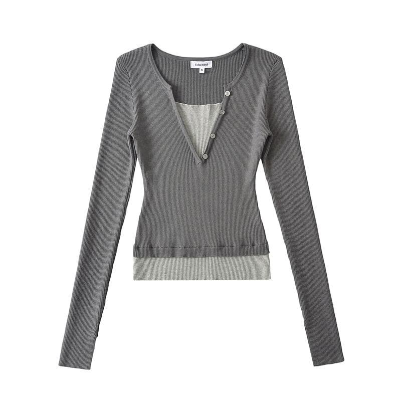 Mock Two-Piece Long-Sleeve V-Neck Two Tone Knit Top Product Image