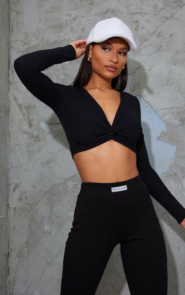 Black Textured Rib Twist Front Long Sleeve Crop Top Product Image