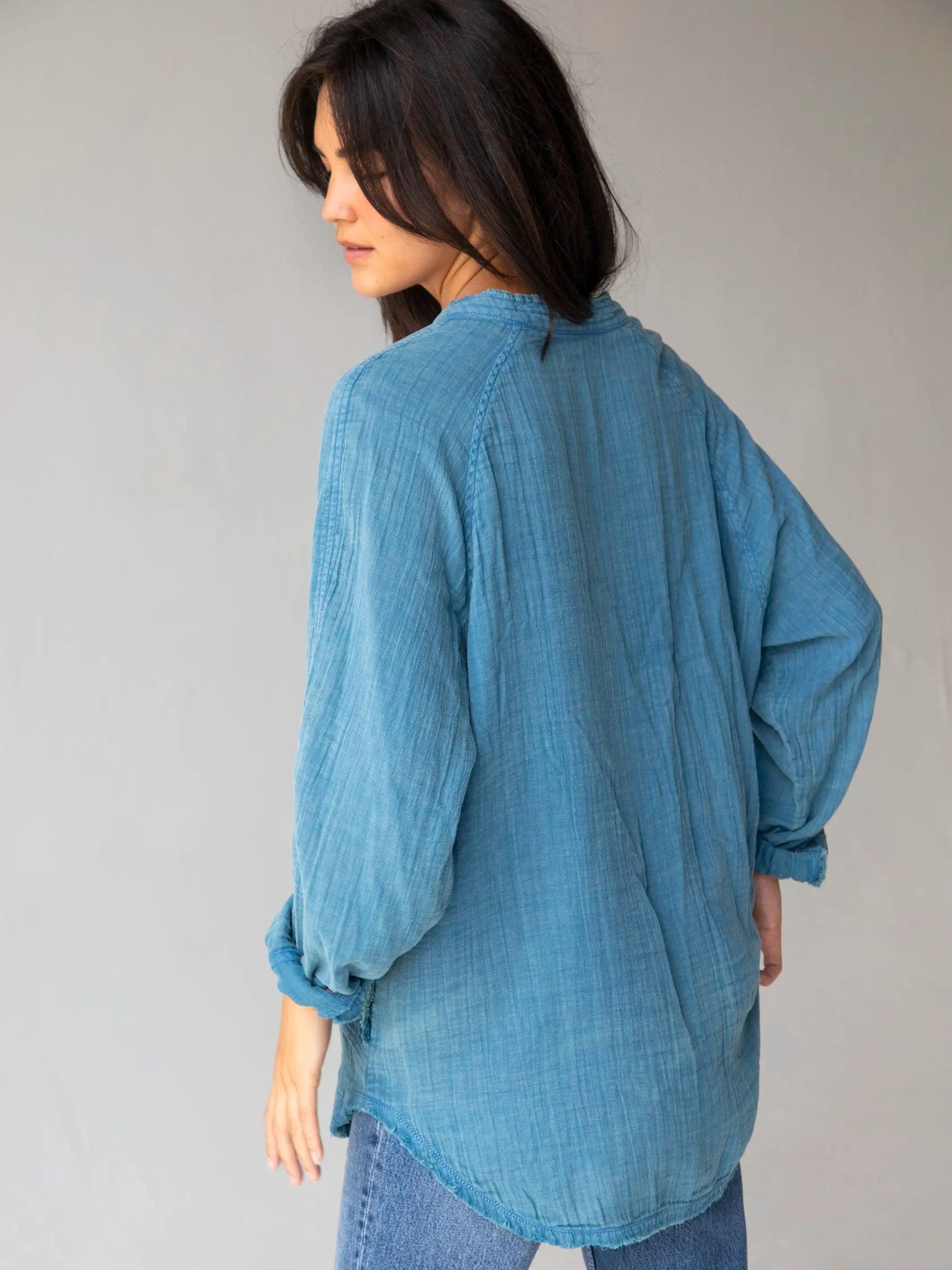 Laid Back Cotton Button Down Top - Denim Blue Product Image