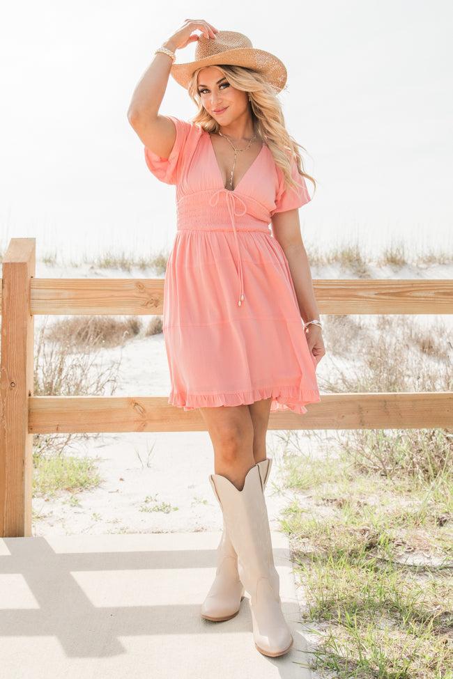 Urban Cowgirl Coral V-Neck Smocked Dress Product Image