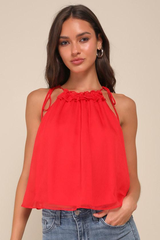 Beautiful Essence Red Chiffon Ruffled Tie-Strap Tank Top Product Image