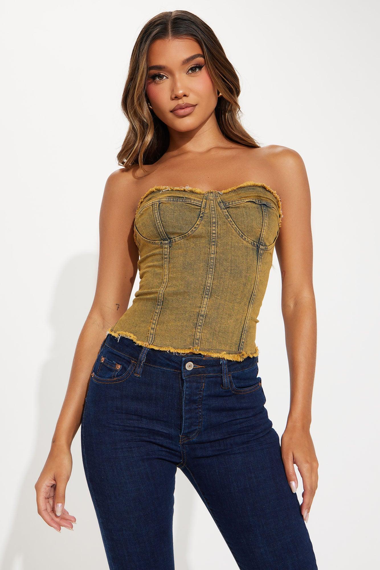 Doing It All Washed Denim Corset Top - Brown/combo Product Image