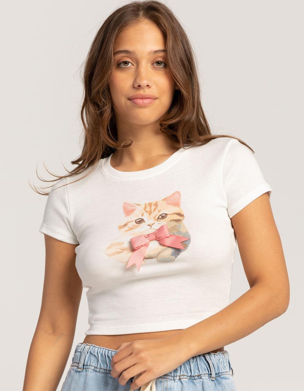 FULL TILT Kitten Bow Womens Baby Tee - CREAM Product Image