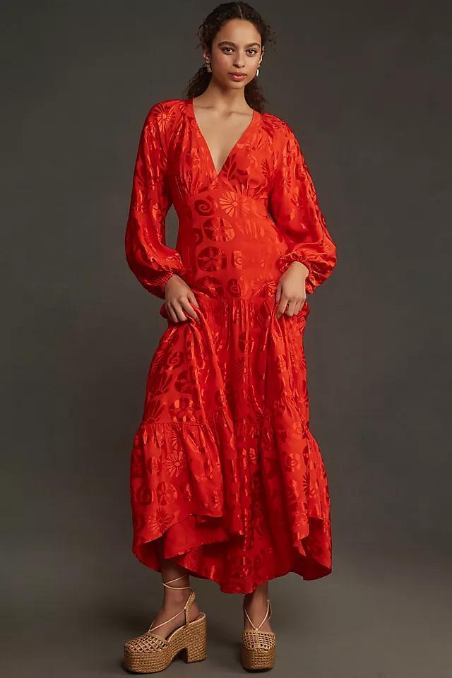 Farm Rio Long-Sleeve V-Neck Jacquard Maxi Dress Product Image