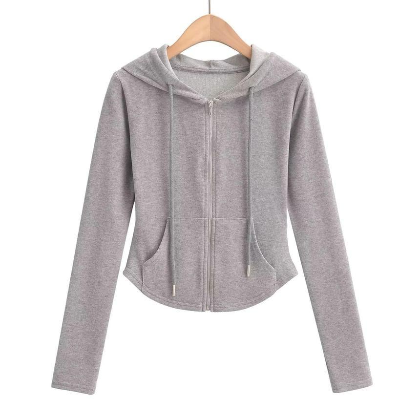 Drawstring Plain Zip Up Cropped Hoodie Product Image