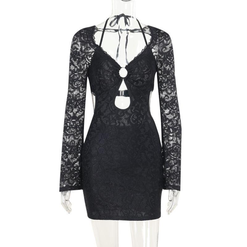 Long Sleeve V-Neck Plain Cutout Lace Mini Sheath Dress Product Image