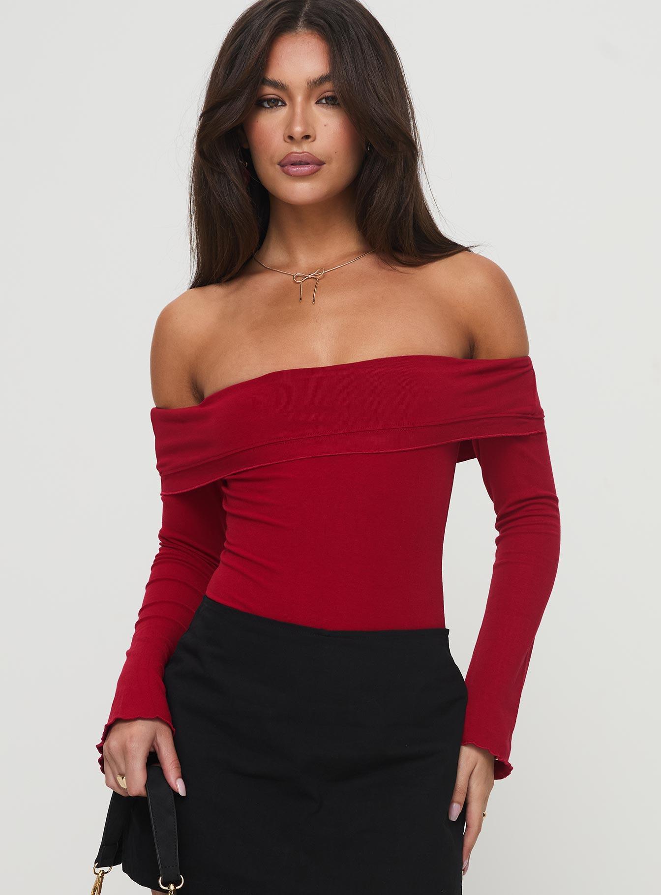 Afterglow Off The Shoulder Bodysuit Burgundy Product Image