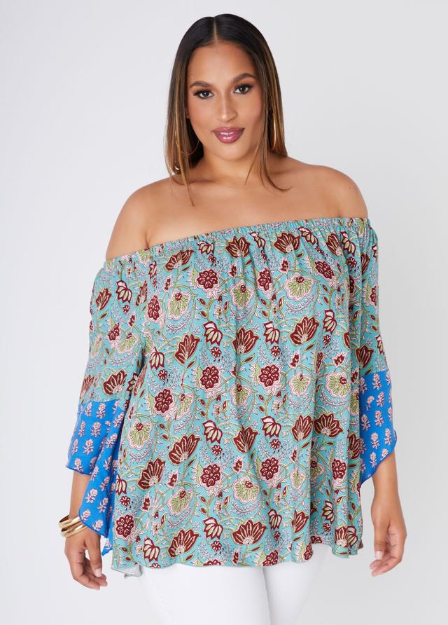 Plus Size Printed Off The Shoulder Woven Top Ashley Stewart Product Image