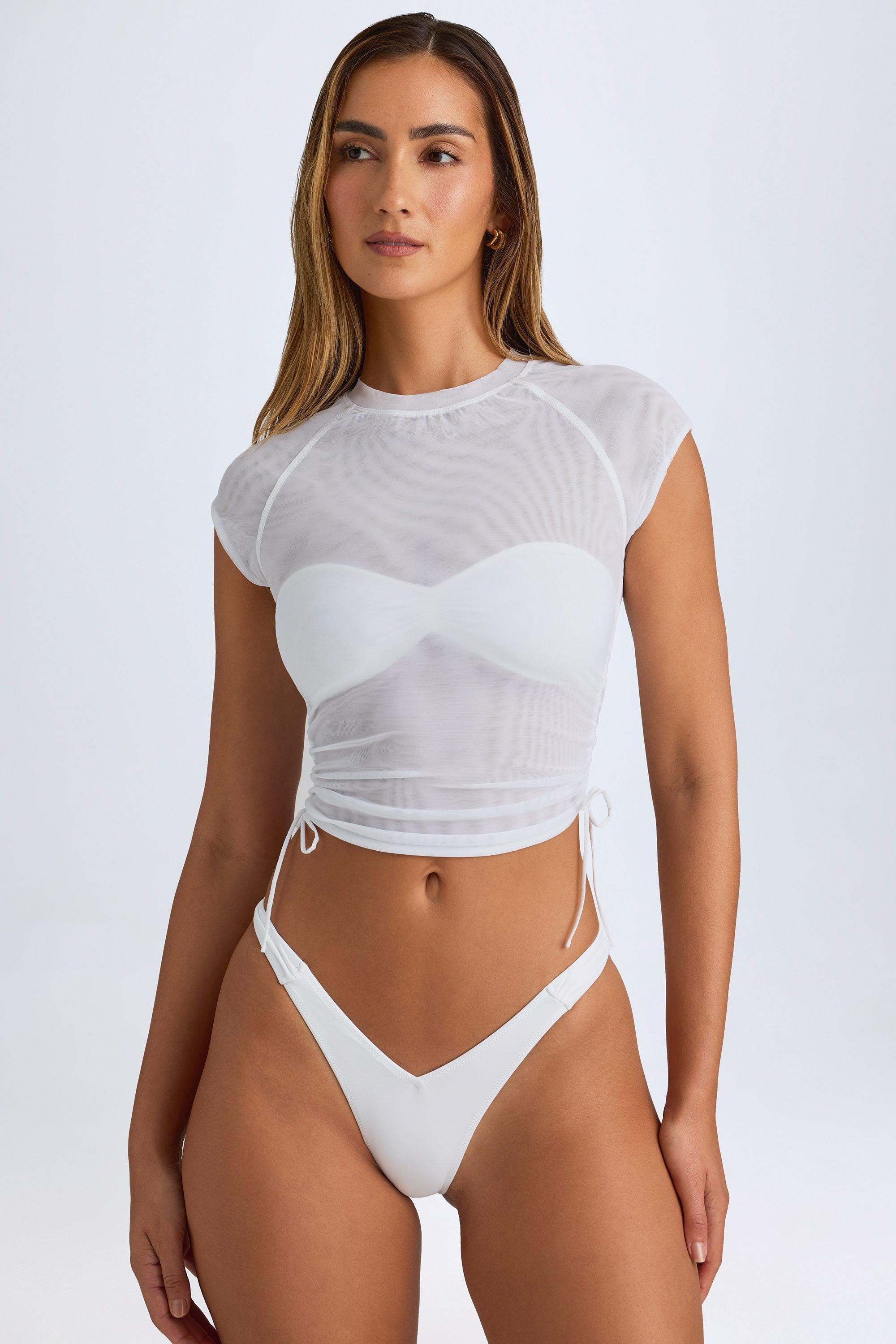 Sheer Ruched Cropped T-Shirt in White Product Image