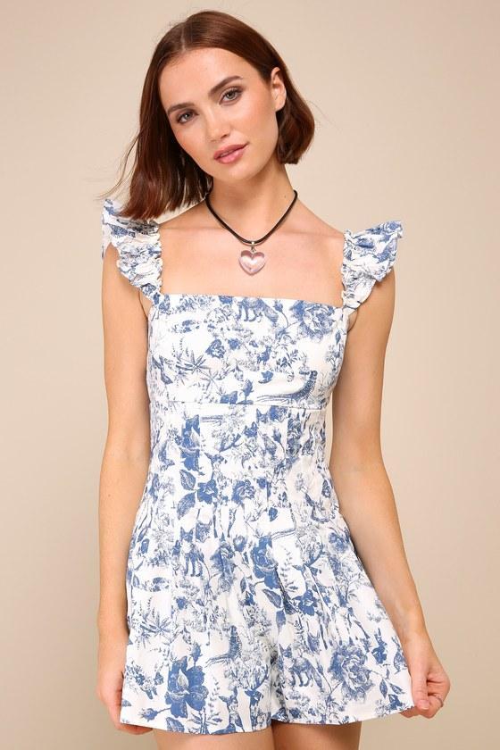 Enchanting Pose Blue and White Toile Print Ruffled Romper Product Image