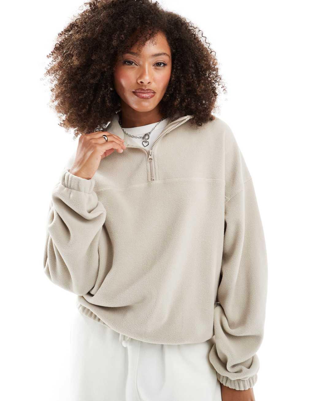 ASOS DESIGN half zip fleece in stone Product Image