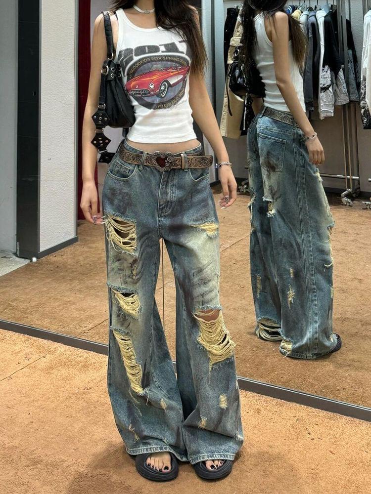 Low Rise Distressed Washed Wide Leg Jeans Product Image