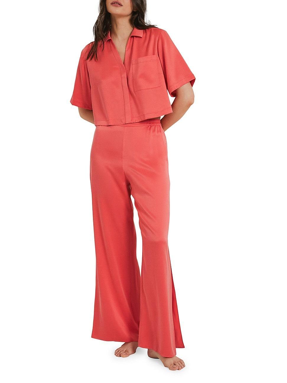 Womens Washable Silk High-Rise Pants 2-Piece Pajama Set Product Image