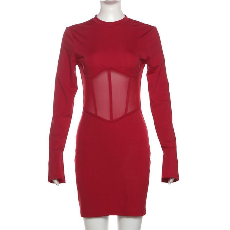 Long Sleeve Round Neck Plain See-Through Mesh Panel Bodycon Mini Dress Product Image