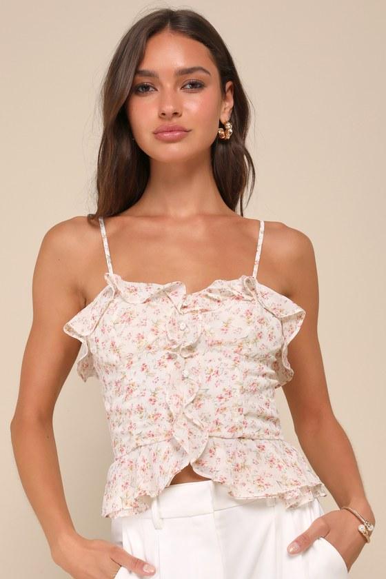 Your Sunny Sweetie Ivory Floral Ruffled Peplum Cami Top Product Image