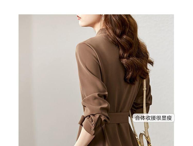 Long-Sleeve Round Neck Plain Sashed Midi A-Line Dress Product Image