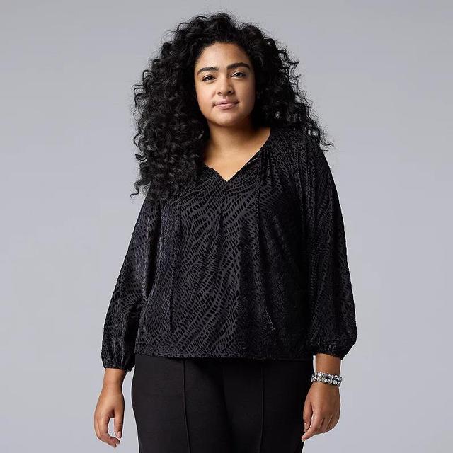 Plus Size Simply Vera Vera Wang Tie-Front Shirred Blouse, Womens Product Image