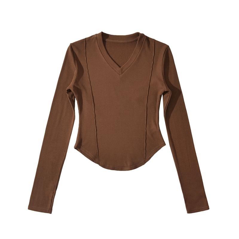 Long Sleeve V Neck Plain Cropped Tee Product Image