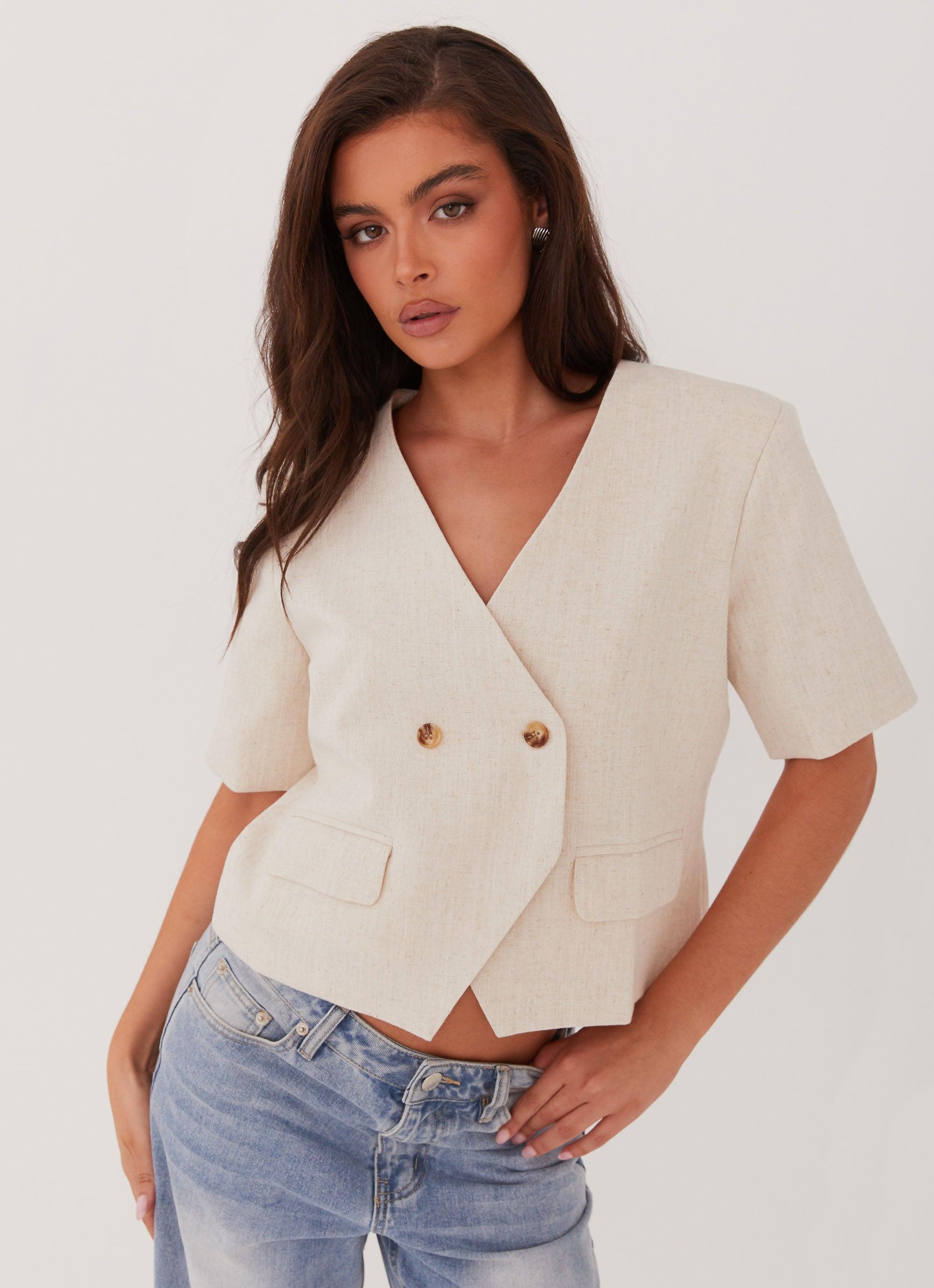 Hacienda Linen Short Sleeve Blazer - Oatmeal Product Image