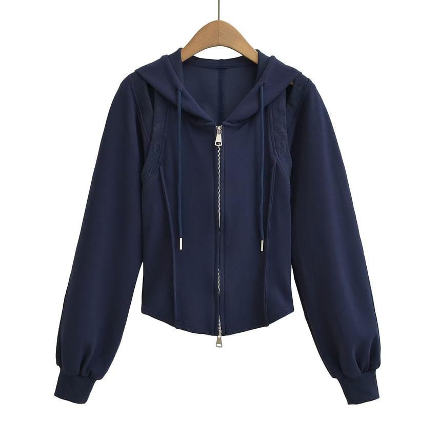 Plain Cutout Cropped Zip Up Hoodie Product Image