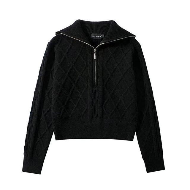 Long Sleeve Half-Zip Plain Cable-Knit Loose-Fit Sweater Product Image