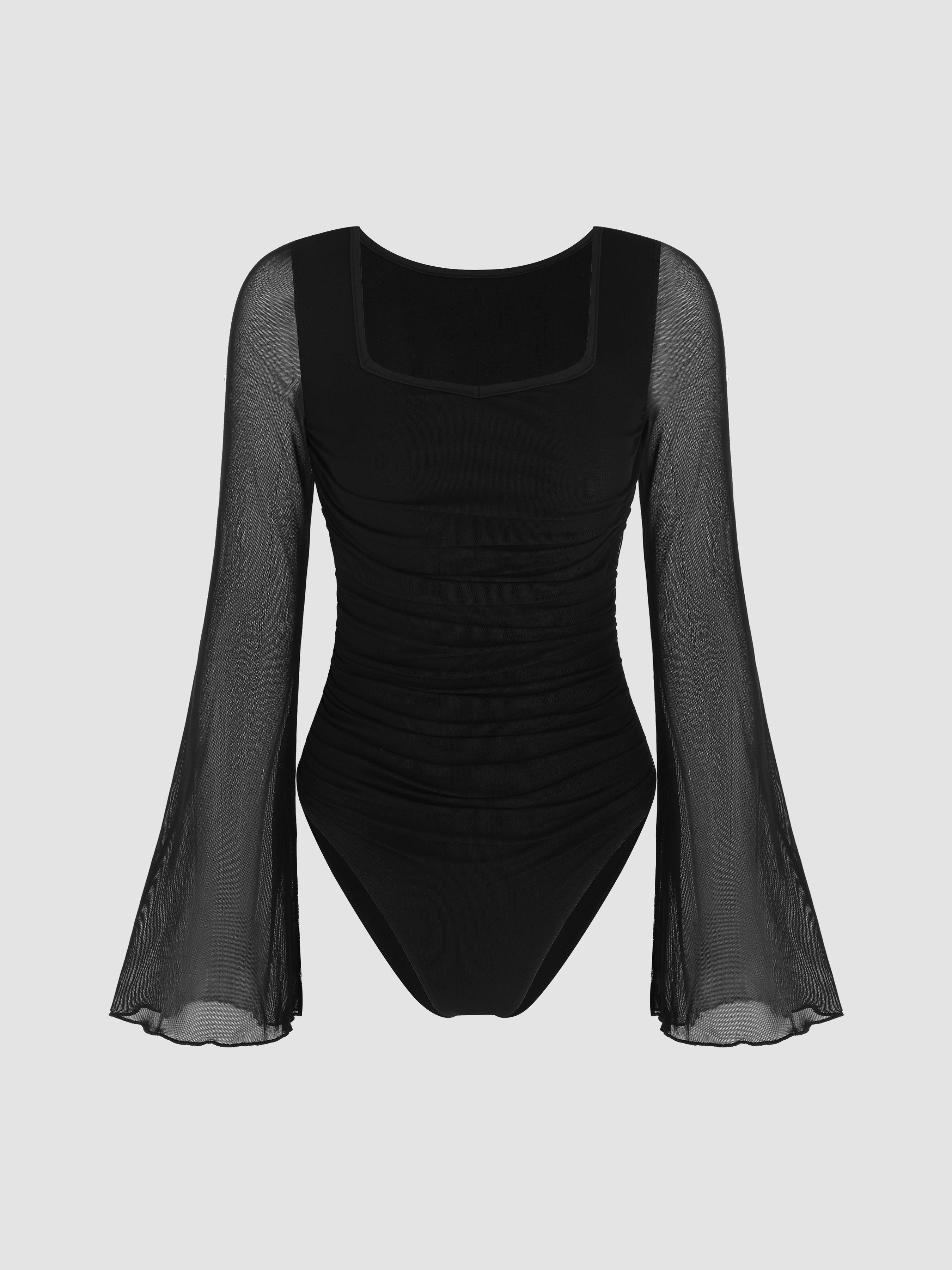 Solid Mesh Bell Sleeve Ruched Bodysuit Product Image