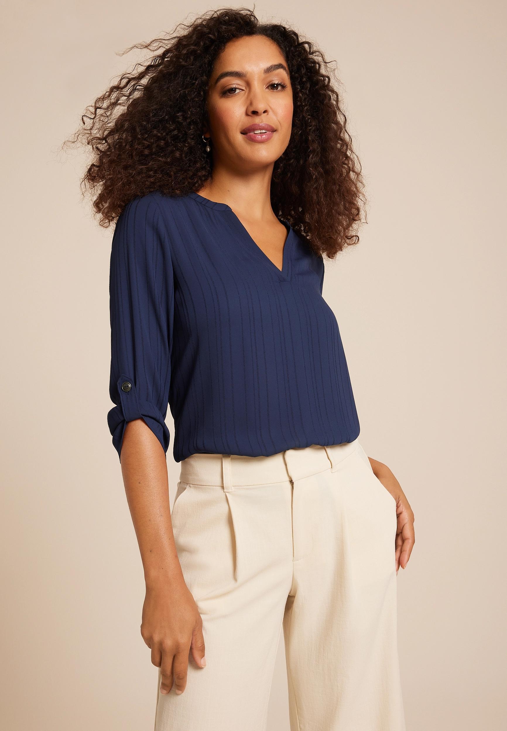 Atwood Jacquard Striped 3/4 Sleeve Popover Blouse Product Image