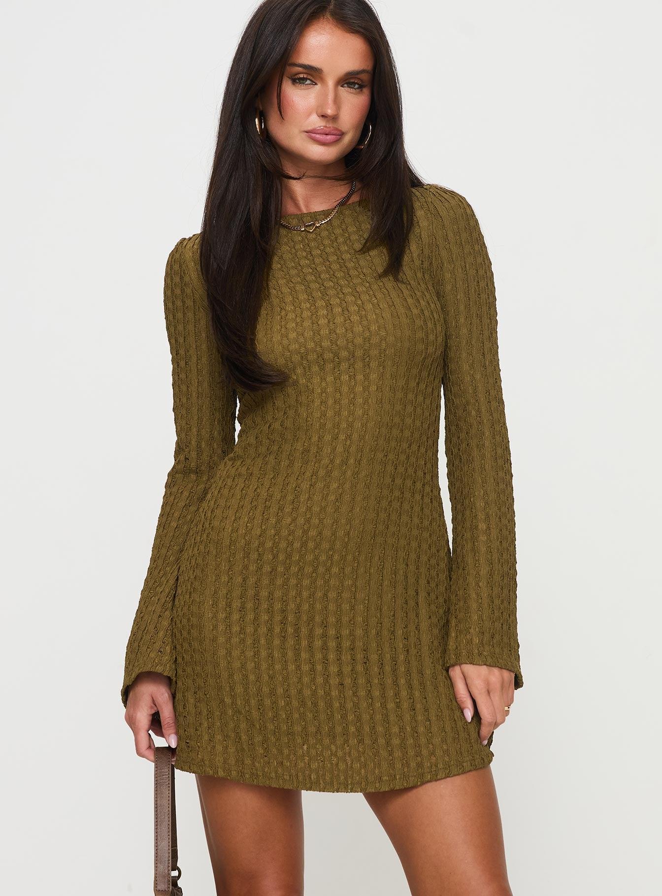 Lukea Long Sleeve Mini Dress Olive Ribbed Product Image