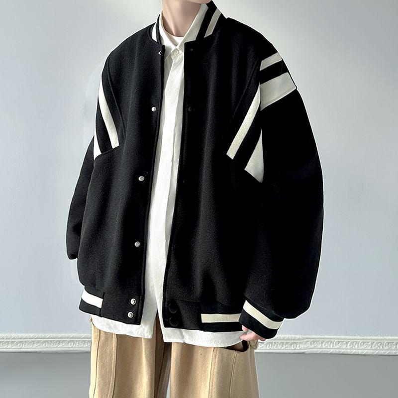 Two Tone Color Block Button-Up Baseball Jacket Product Image